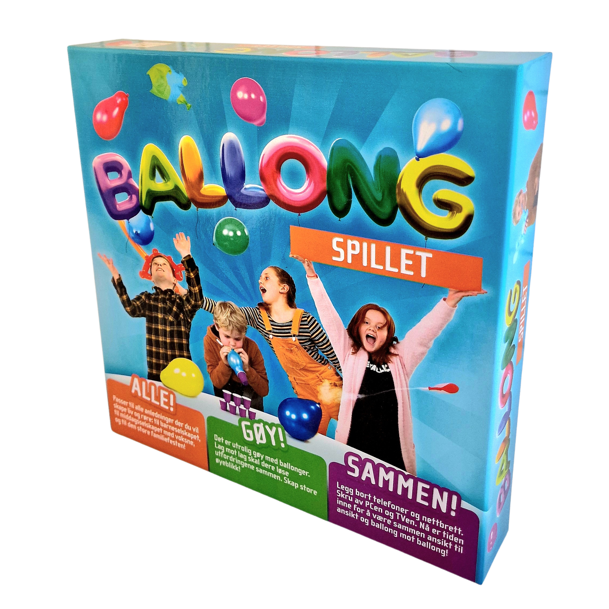 Ballongspillet blå eske med motiv av glade barn som blåser opp og leker med ballonger